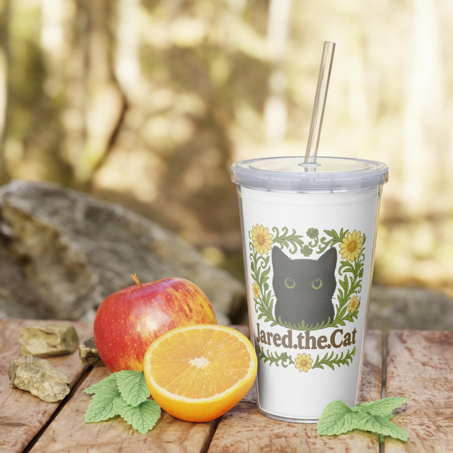 Black Cat Travel Cup, Floral Cat Plastic Tumbler with Straw,  Children's Cat Travel Cup - Jared.the.Cat Collection