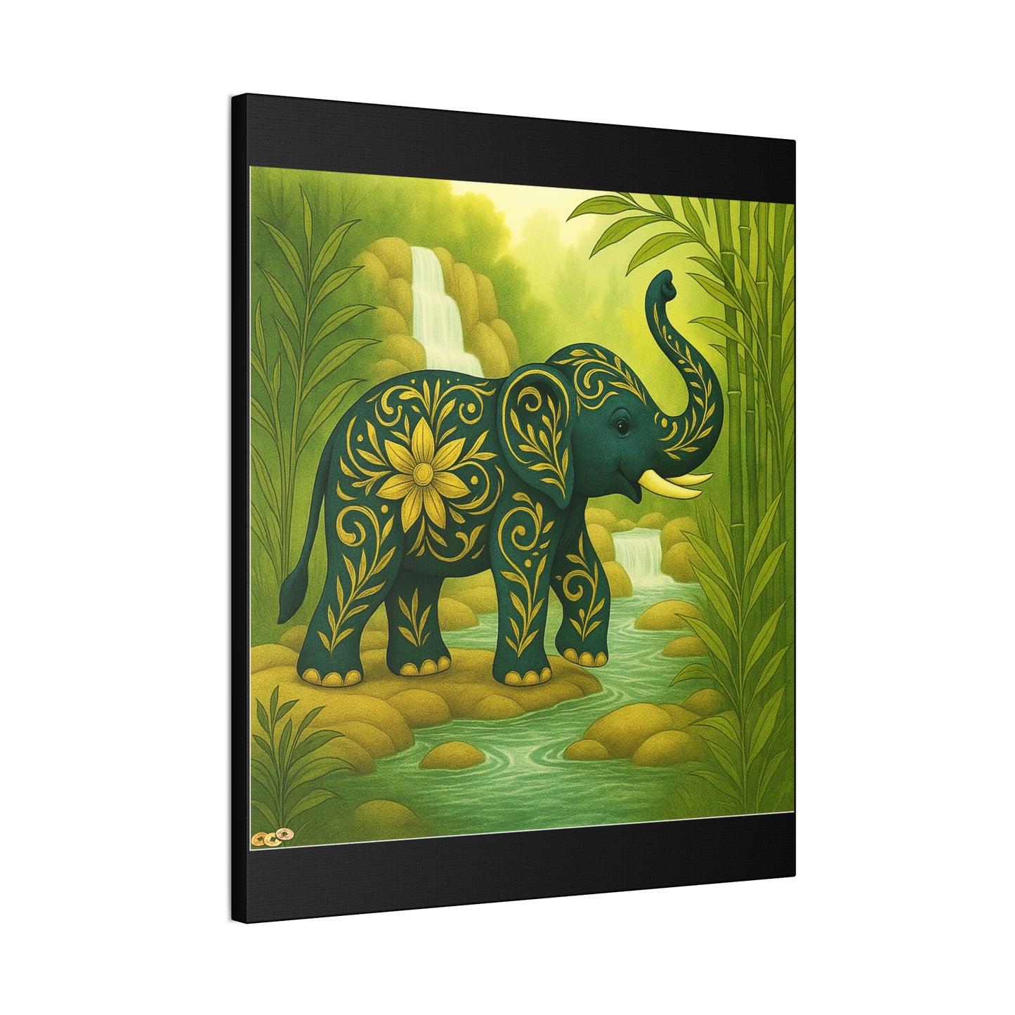 Prosperity Elephant Waterfall Art Print,  Feng Shui Elephant Wall Art, Lucky Bamboo, Abundance Décor, Serene Jungle Painting