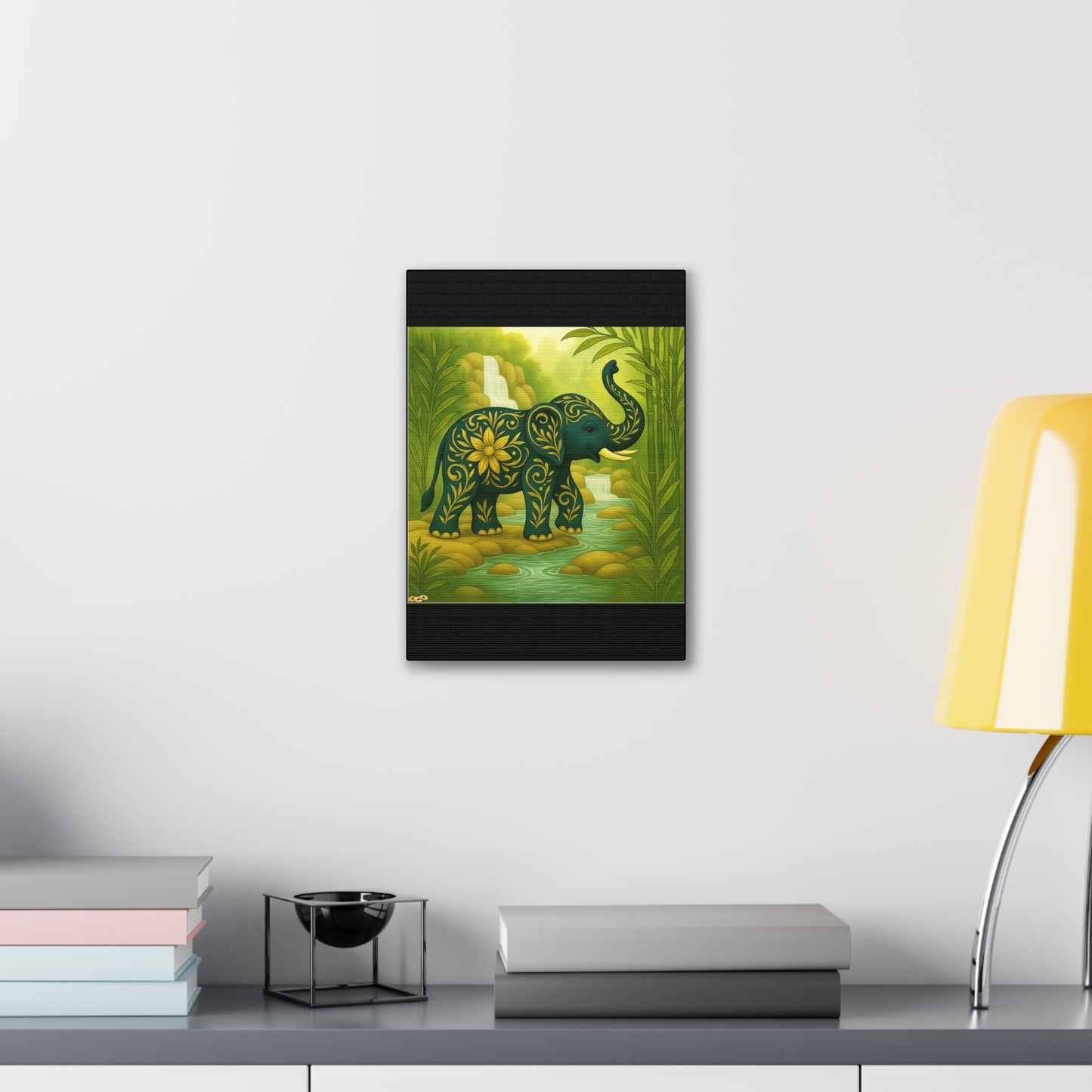 Prosperity Elephant Waterfall Art Print,  Feng Shui Elephant Wall Art, Lucky Bamboo, Abundance Décor, Serene Jungle Painting