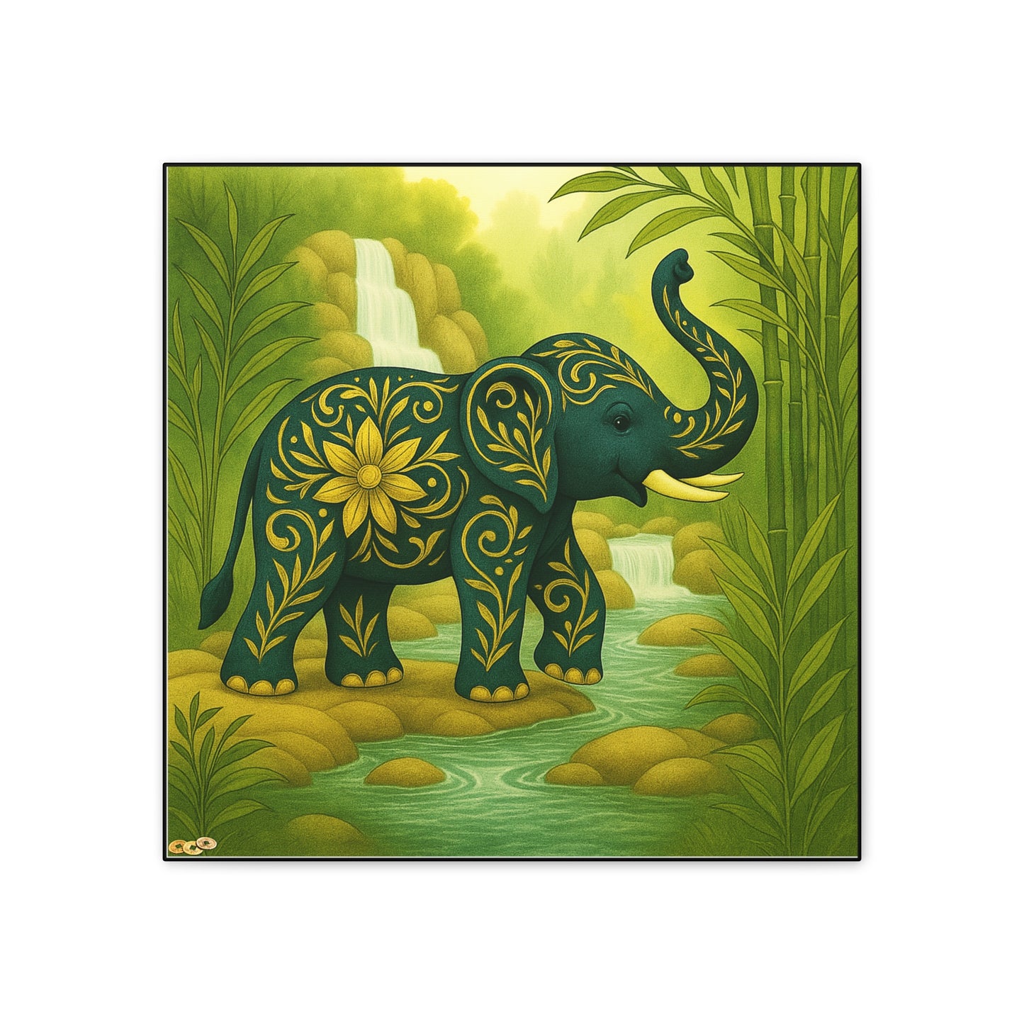 Prosperity Elephant Waterfall Art Print,  Feng Shui Elephant Wall Art, Lucky Bamboo, Abundance Décor, Serene Jungle Painting