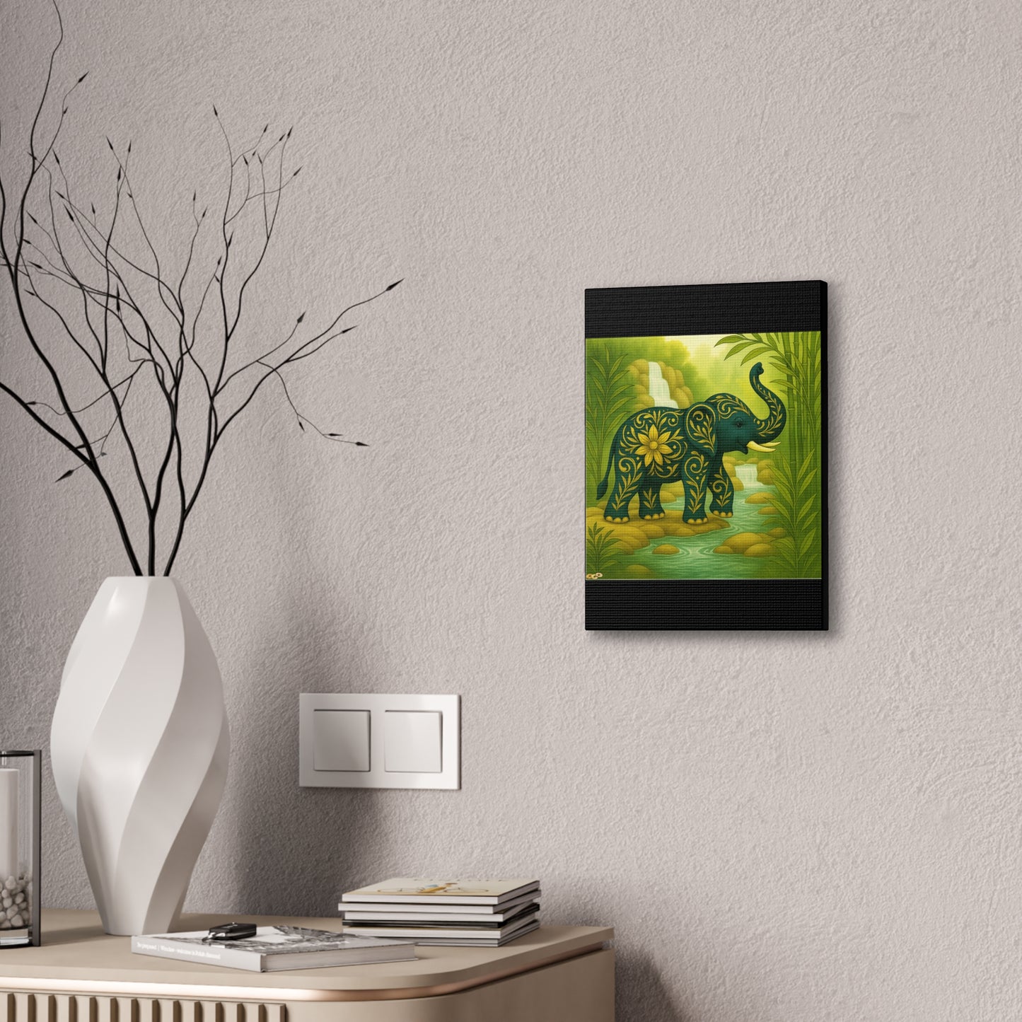 Prosperity Elephant Waterfall Art Print,  Feng Shui Elephant Wall Art, Lucky Bamboo, Abundance Décor, Serene Jungle Painting