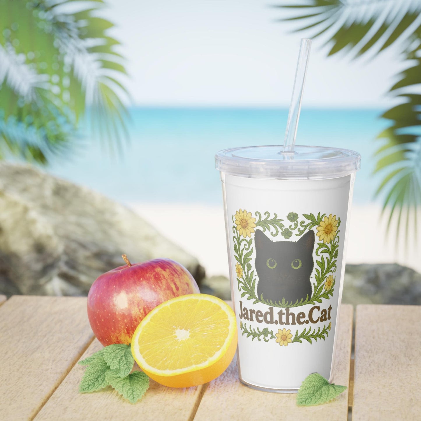 Black Cat Travel Cup, Floral Cat Plastic Tumbler with Straw,  Children's Cat Travel Cup - Jared.the.Cat Collection