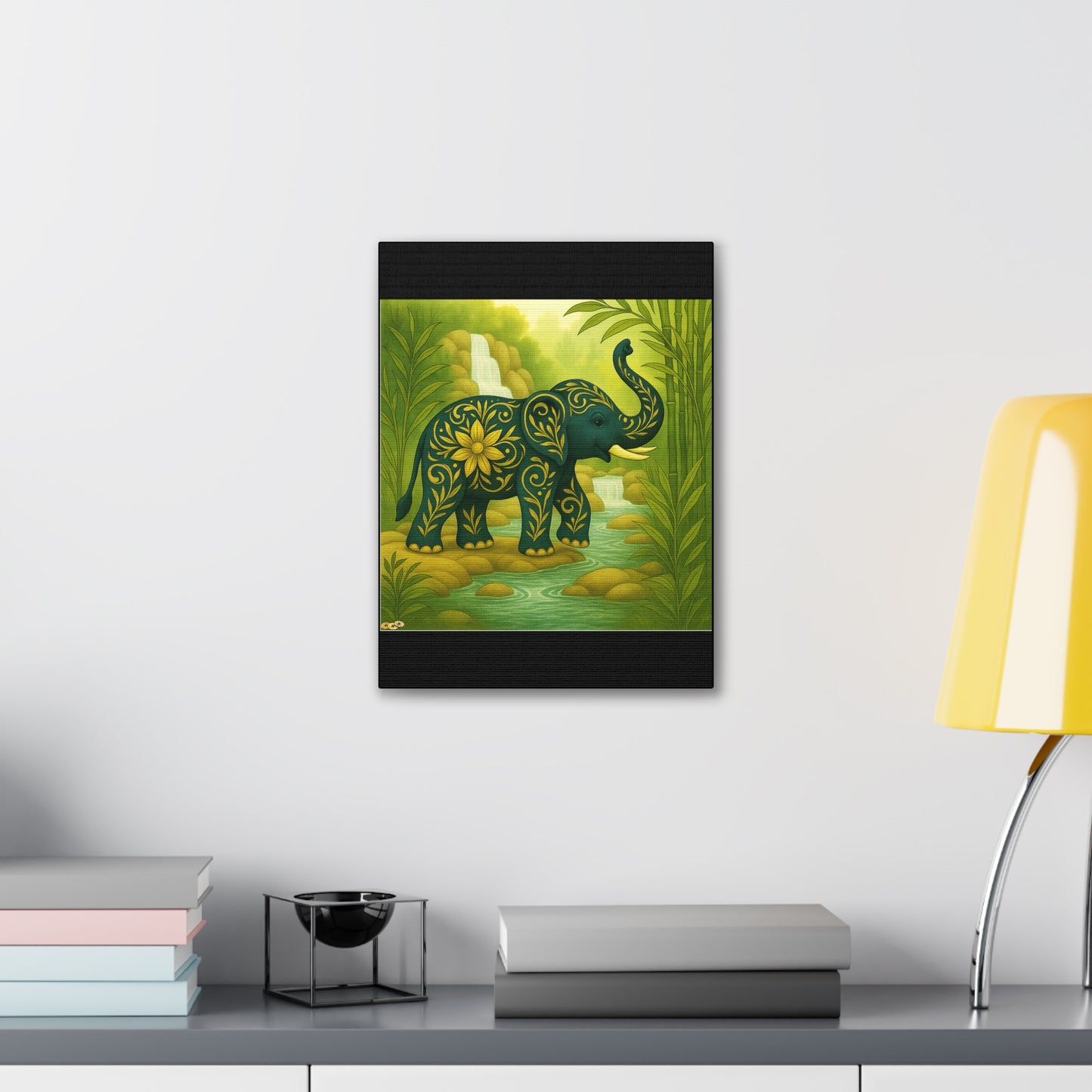 Prosperity Elephant Waterfall Art Print,  Feng Shui Elephant Wall Art, Lucky Bamboo, Abundance Décor, Serene Jungle Painting