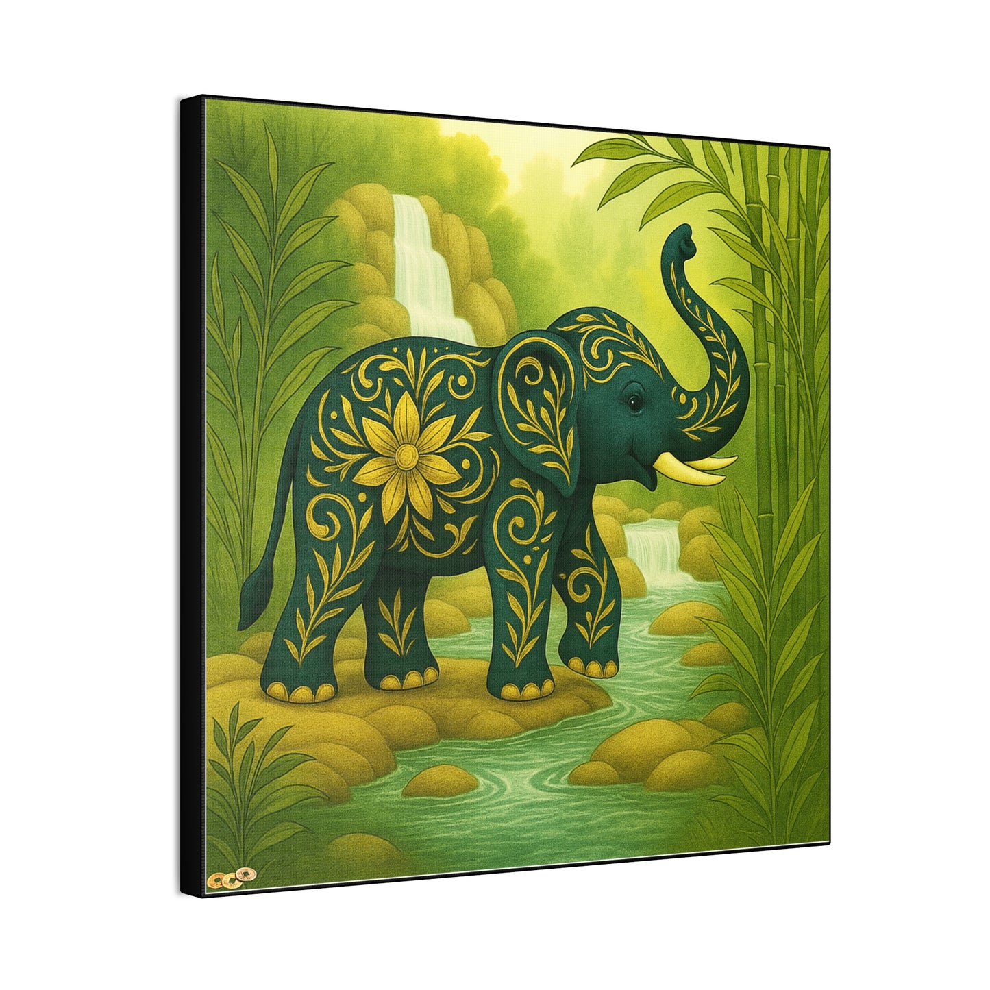 Prosperity Elephant Waterfall Art Print,  Feng Shui Elephant Wall Art, Lucky Bamboo, Abundance Décor, Serene Jungle Painting