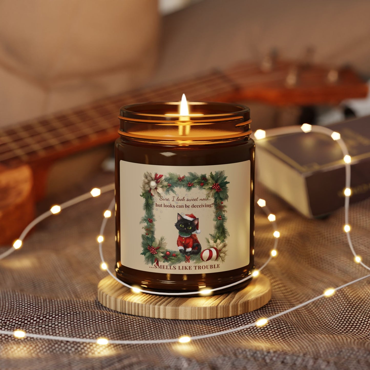 Smells Like Trouble  Christmas Candle,  Funny Black Cat Holiday Gift, Cozy Amber Jar Candle, BootsandBloomCo Holiday Collection