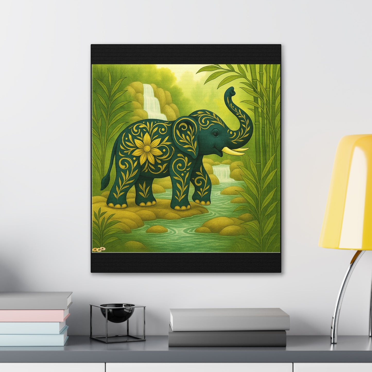 Prosperity Elephant Waterfall Art Print,  Feng Shui Elephant Wall Art, Lucky Bamboo, Abundance Décor, Serene Jungle Painting
