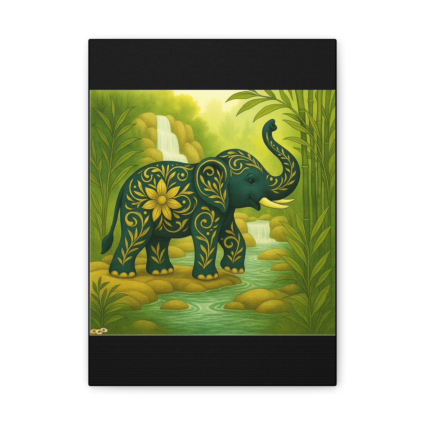 Prosperity Elephant Waterfall Art Print,  Feng Shui Elephant Wall Art, Lucky Bamboo, Abundance Décor, Serene Jungle Painting