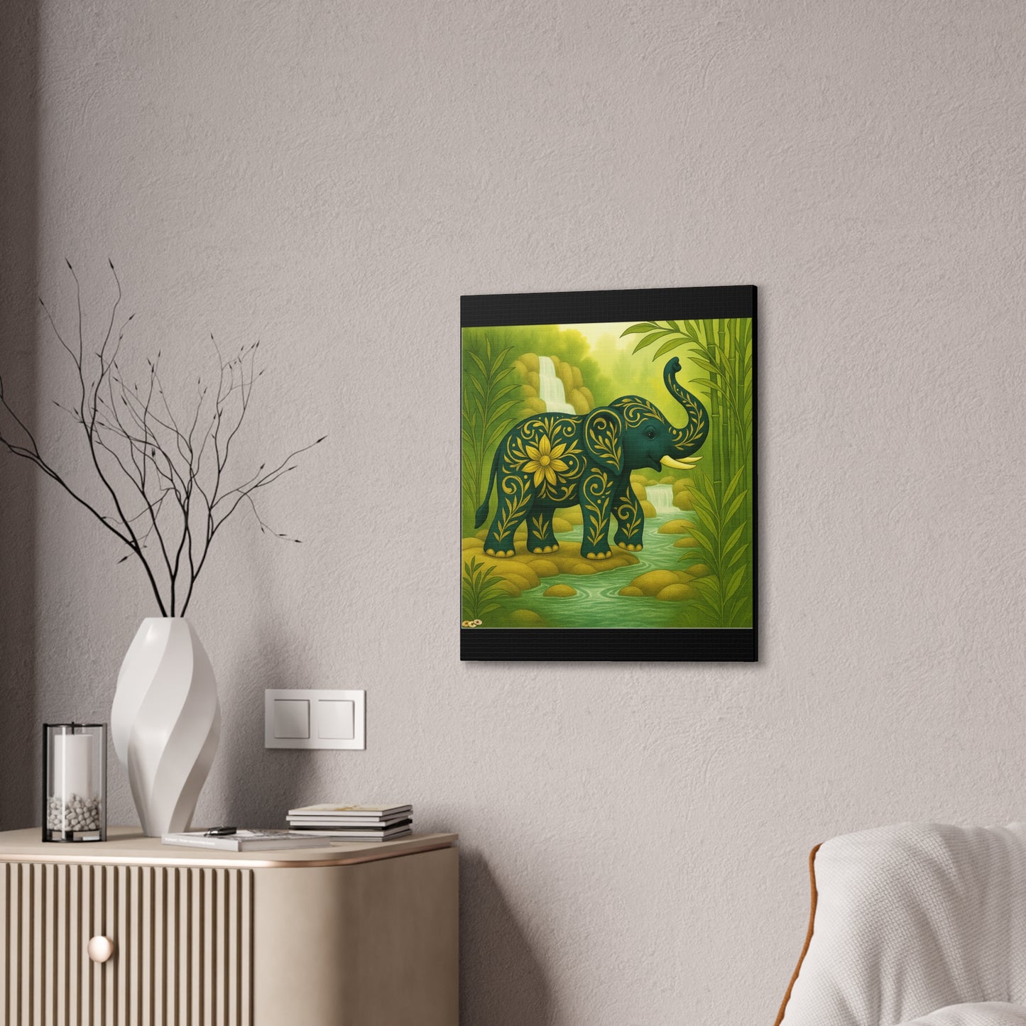 Prosperity Elephant Waterfall Art Print,  Feng Shui Elephant Wall Art, Lucky Bamboo, Abundance Décor, Serene Jungle Painting