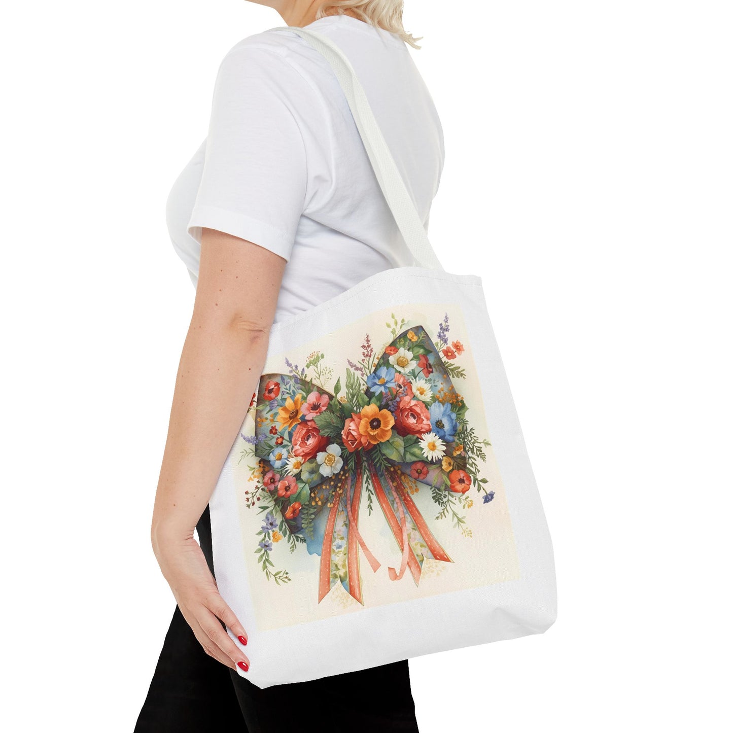 Floral Bow Tote Bag, Chic Everyday Shopper, Gift for Her, Stylish Floral Tote Reusable Shopping Bag, Cute Gift for Her - Reusable Tote Bag,