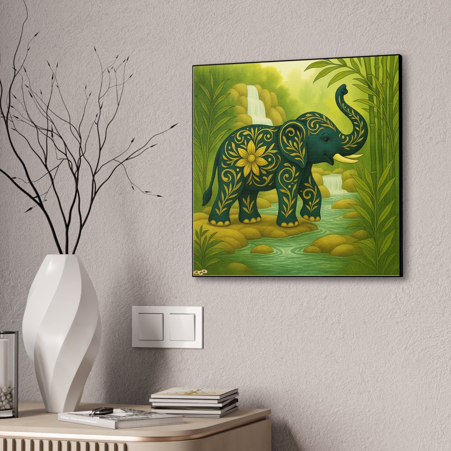 Prosperity Elephant Waterfall Art Print,  Feng Shui Elephant Wall Art, Lucky Bamboo, Abundance Décor, Serene Jungle Painting