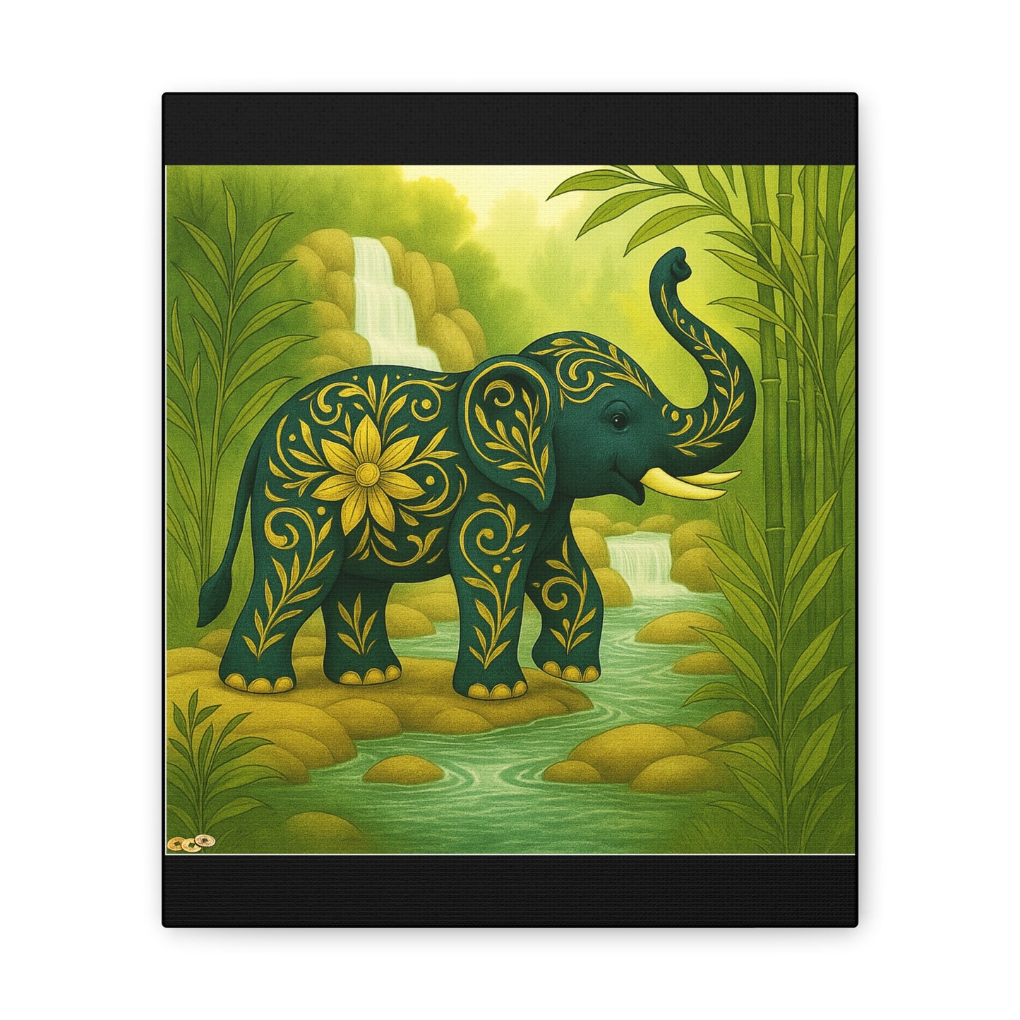 Prosperity Elephant Waterfall Art Print,  Feng Shui Elephant Wall Art, Lucky Bamboo, Abundance Décor, Serene Jungle Painting