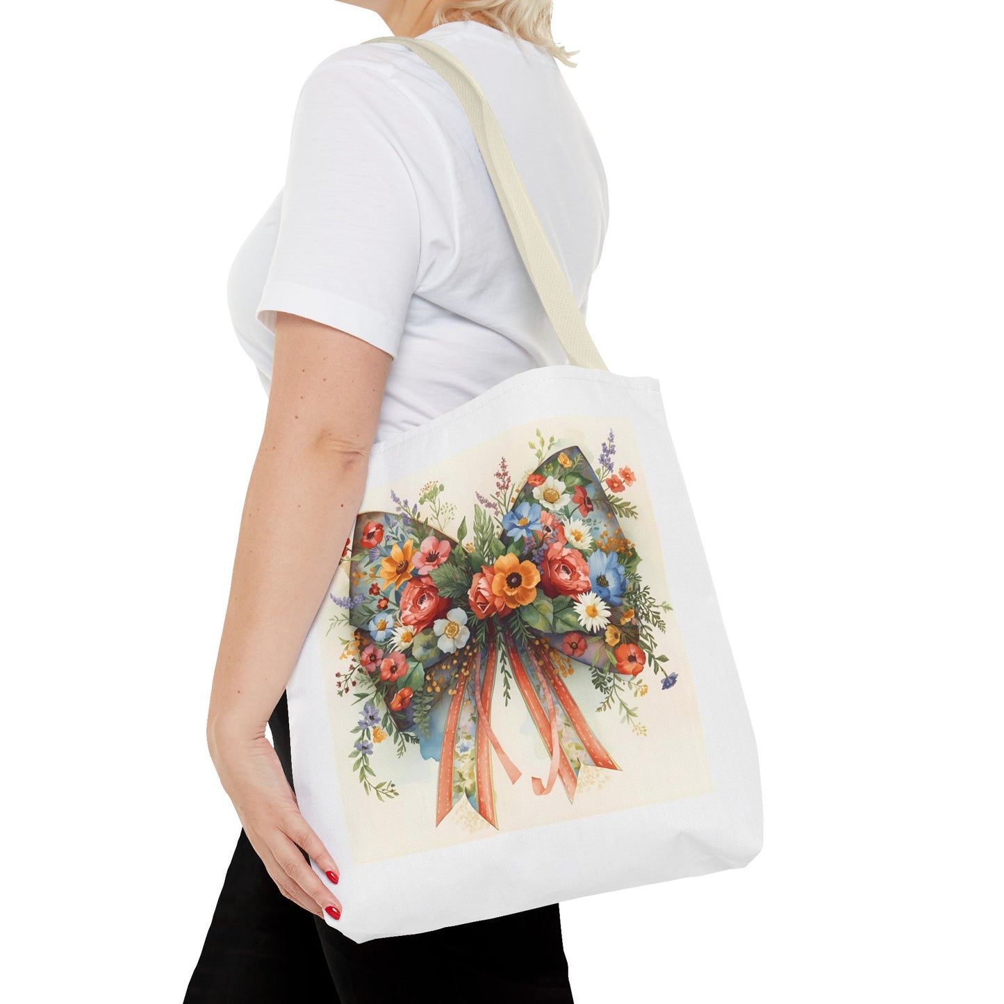 Floral Bow Tote Bag, Chic Everyday Shopper, Gift for Her, Stylish Floral Tote Reusable Shopping Bag, Cute Gift for Her - Reusable Tote Bag,
