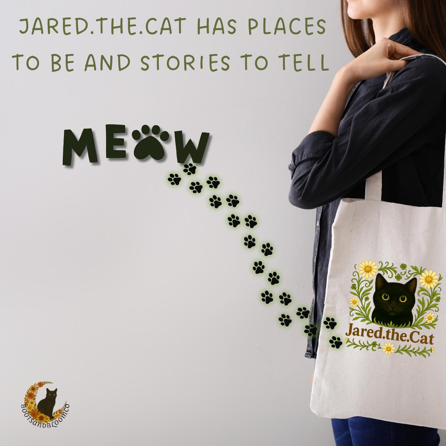 Jared the Cat Tote Bag,  Black Cat Floral Shopper, Eco-Friendly Gift, Cute Reusable Bag