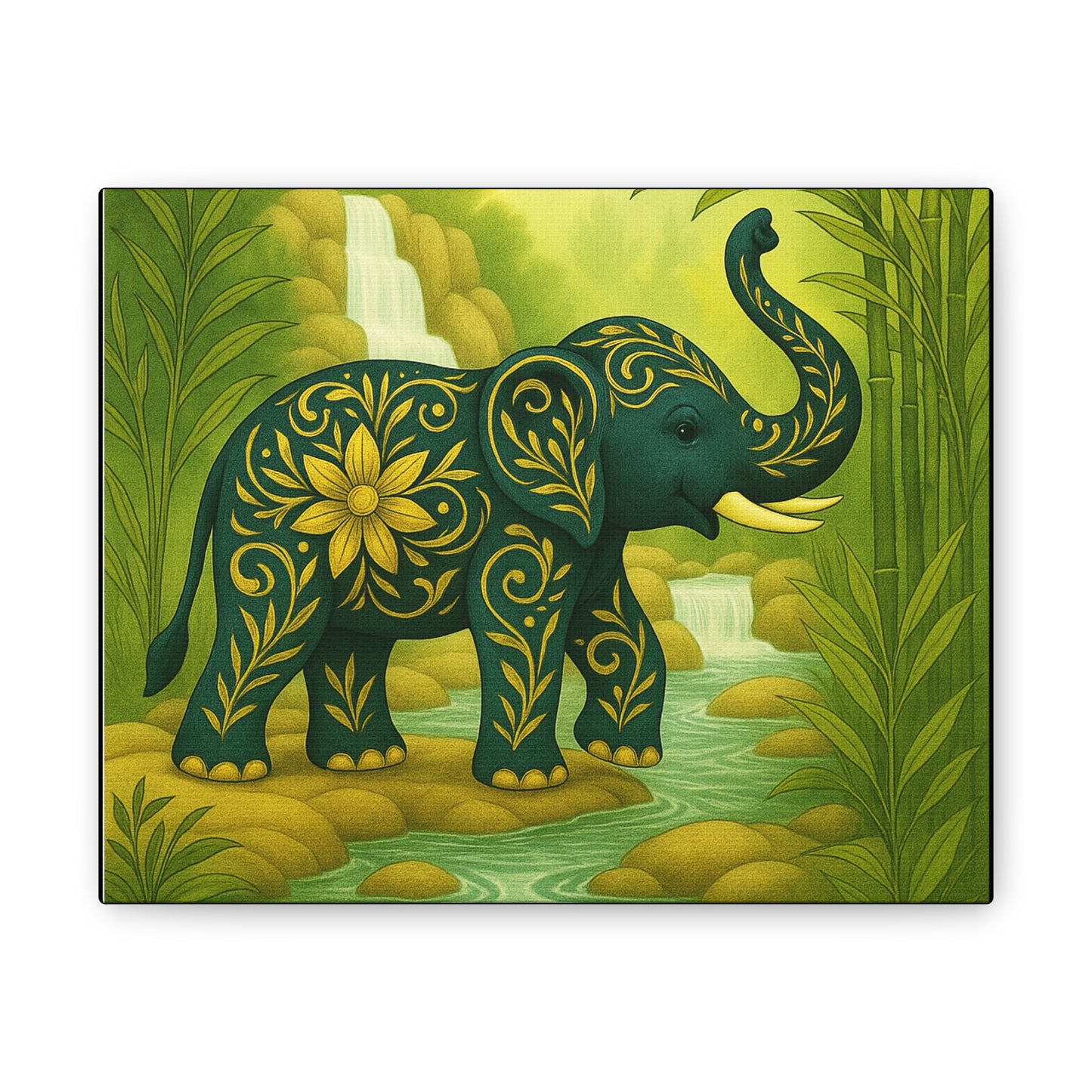 Prosperity Elephant Waterfall Art Print,  Feng Shui Elephant Wall Art, Lucky Bamboo, Abundance Décor, Serene Jungle Painting