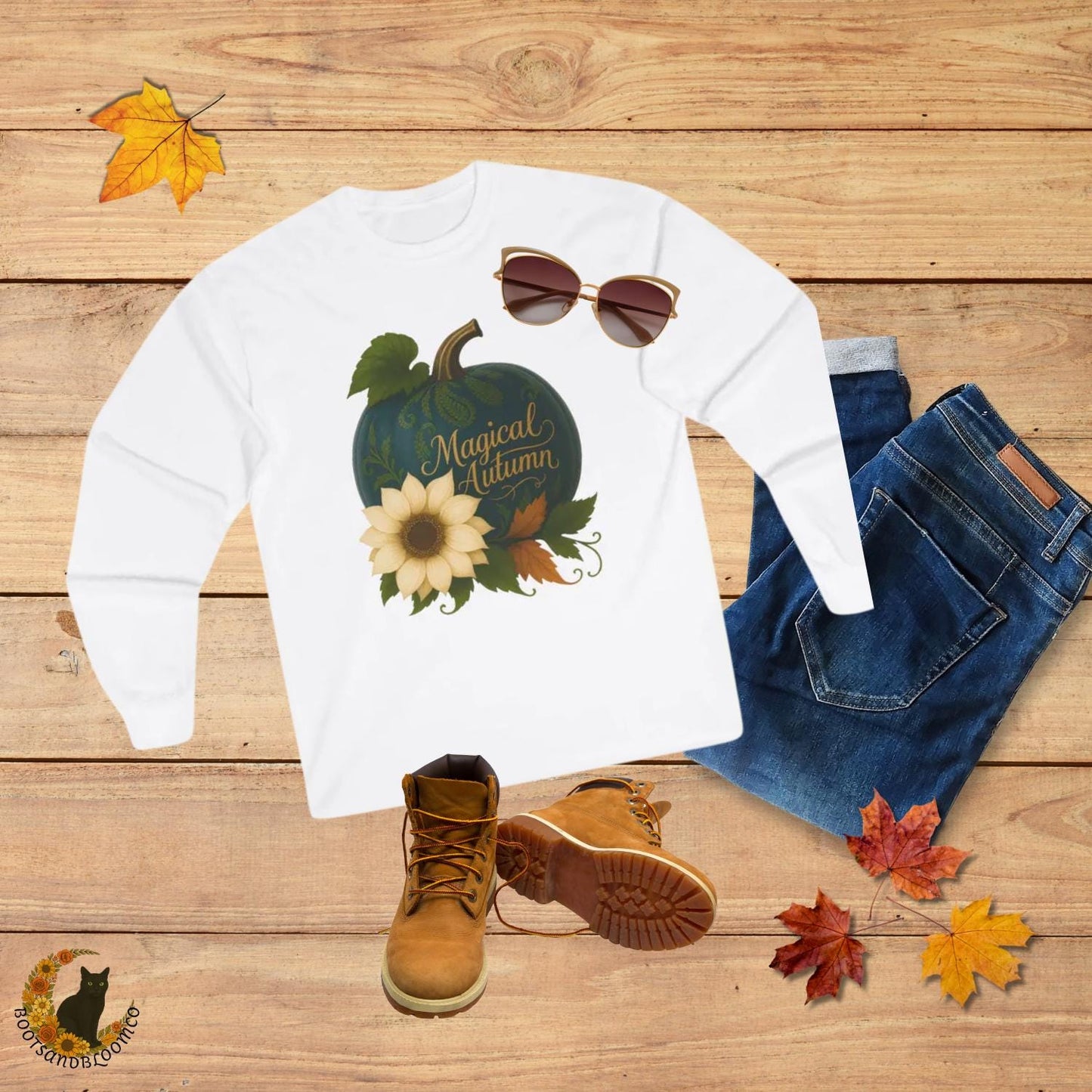 Autumn Teal Pumpkin Floral Long Sleeve T-Shirt: Cozy Fall Tee