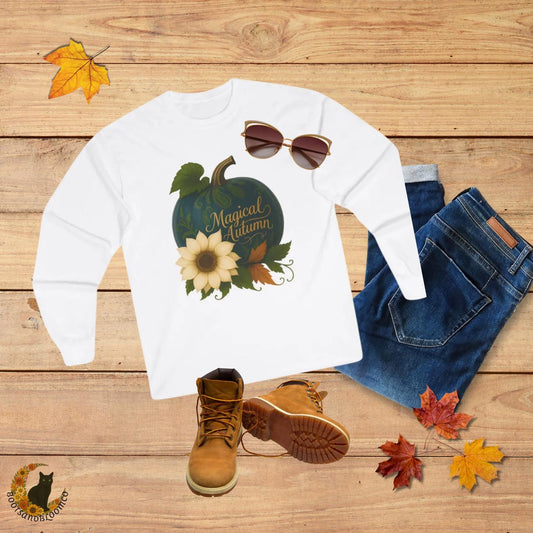 Autumn Teal Pumpkin Floral Long Sleeve T-Shirt: Cozy Fall Tee
