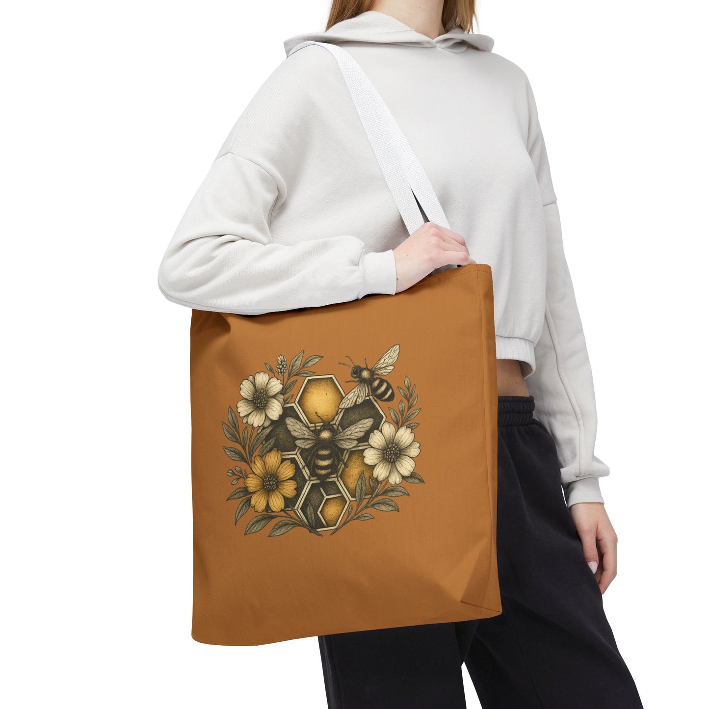 Bee & Honeycomb Tote Bag, Botanical Wildflower Hive Design, Autumn Bee Lover Gift, Bee-Inspired Floral Tote Bag,  Geometrical Shaped design