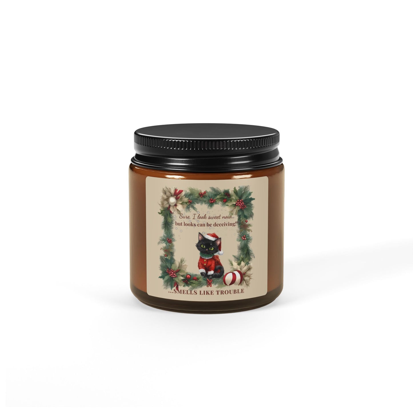 Smells Like Trouble  Christmas Candle,  Funny Black Cat Holiday Gift, Cozy Amber Jar Candle, BootsandBloomCo Holiday Collection