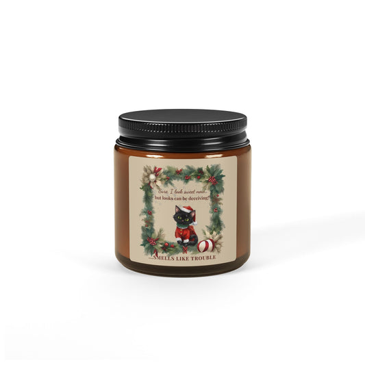 Smells Like Trouble  Christmas Candle,  Funny Black Cat Holiday Gift, Cozy Amber Jar Candle, BootsandBloomCo Holiday Collection