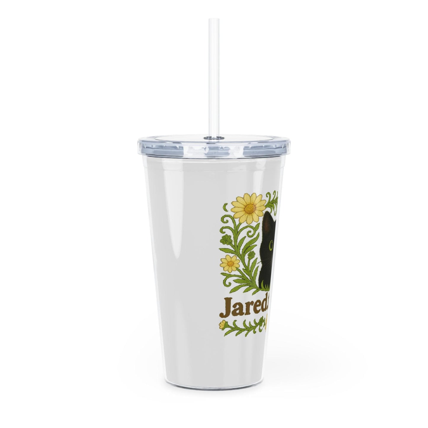 Black Cat Travel Cup, Floral Cat Plastic Tumbler with Straw,  Children's Cat Travel Cup - Jared.the.Cat Collection