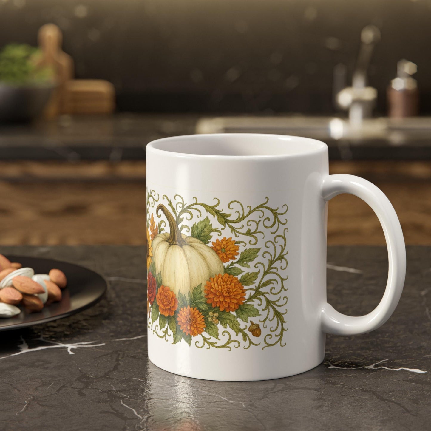 Pumpkin Floral Mug: Autumn Ceramic Coffee Cup, Fall Decor