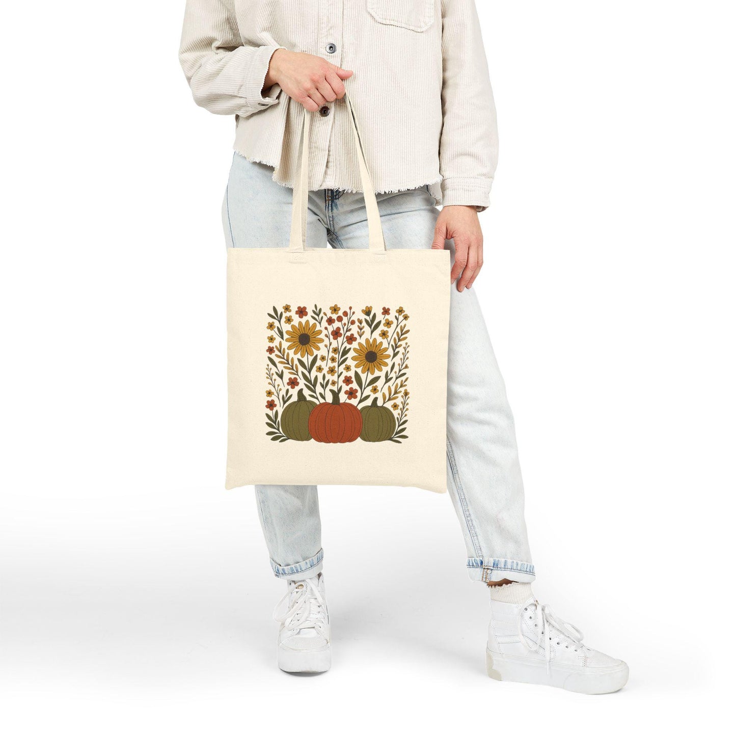 Autumn Botanical Tote Bag, High-Resolution Fall Leaves, Pumpkin & Scroll Design, Cozy Harvest Floral Canvas Gift