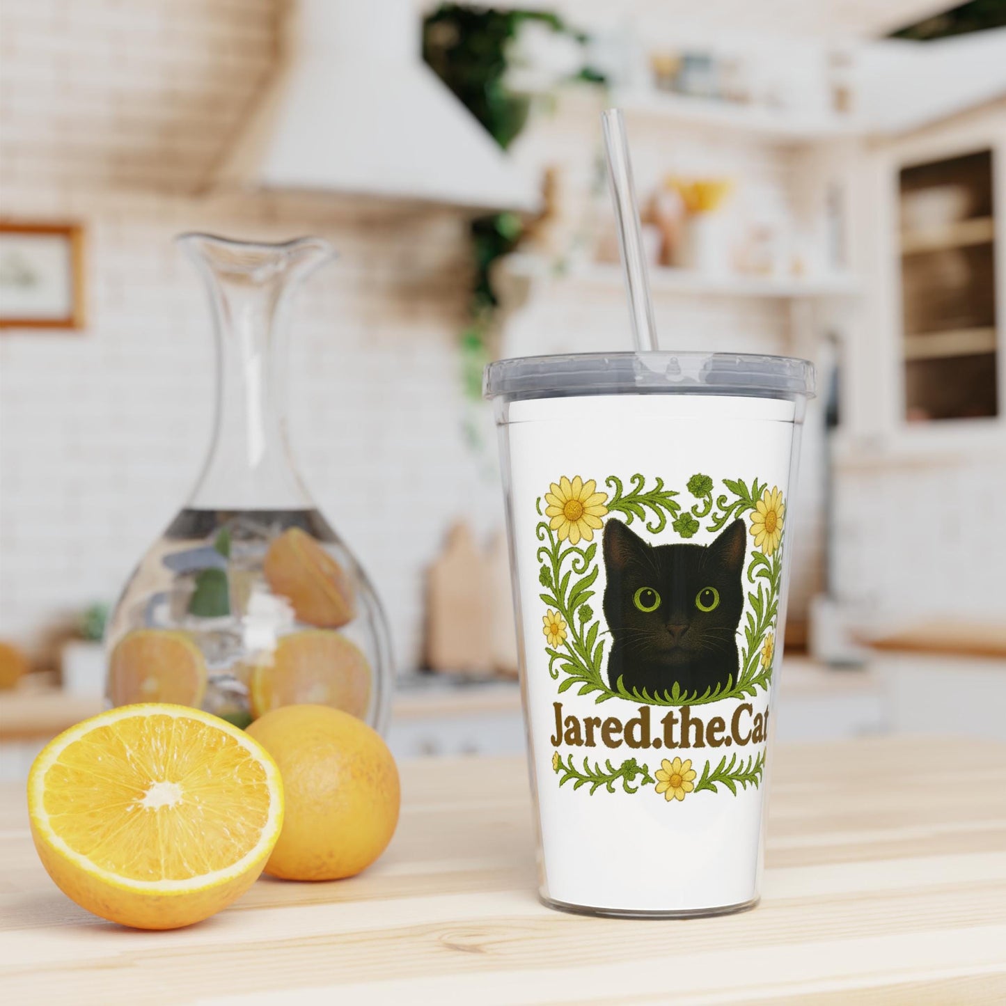 Black Cat Travel Cup, Floral Cat Plastic Tumbler with Straw,  Children's Cat Travel Cup - Jared.the.Cat Collection