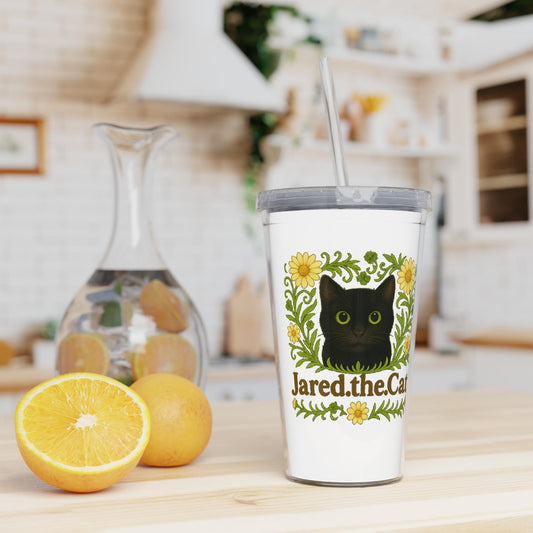 Black Cat Travel Cup, Floral Cat Plastic Tumbler with Straw,  Children's Cat Travel Cup - Jared.the.Cat Collection