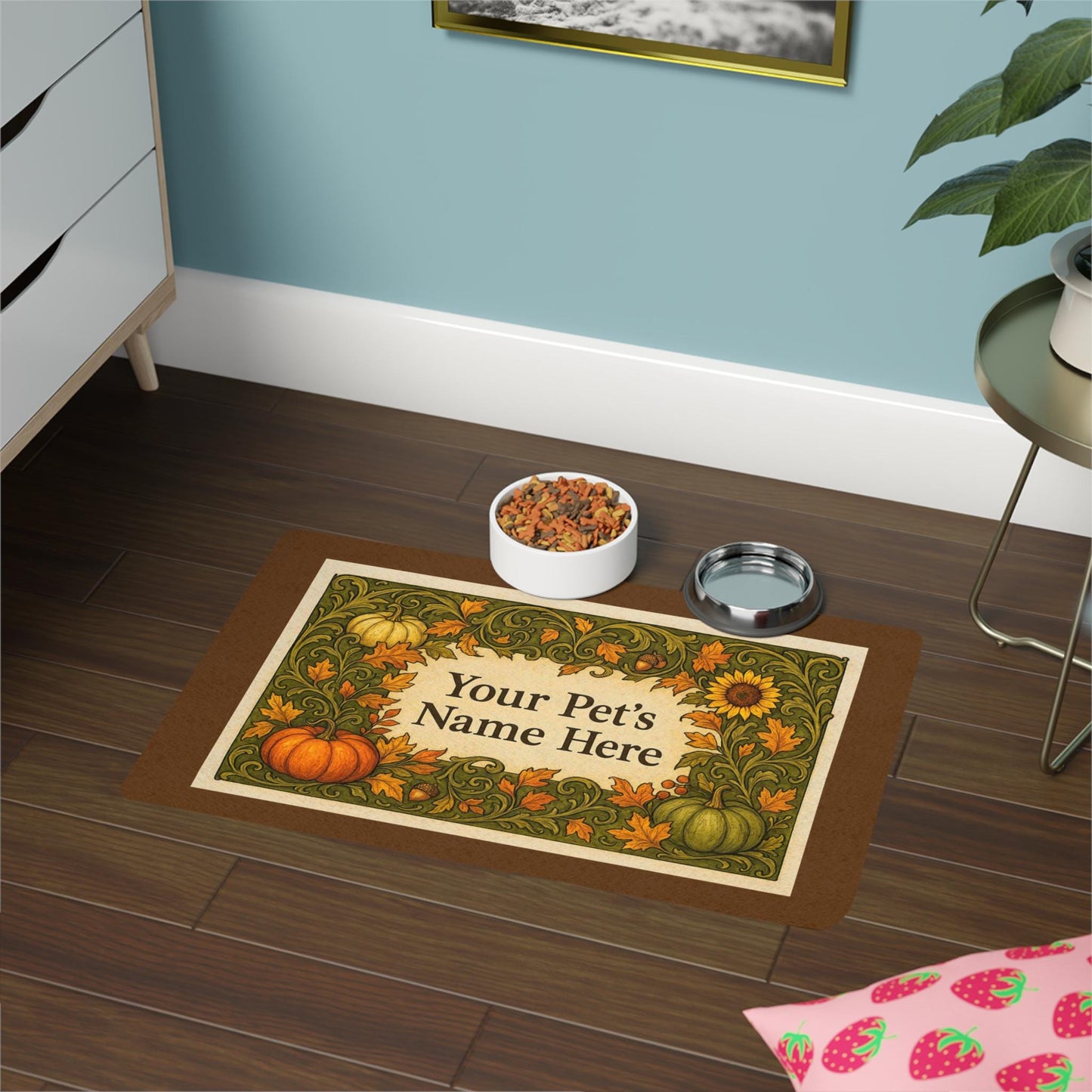 Pet Food Mat, Fall-themed, Personalized Dog/Cat Feeding Mat, Custom Autumn Pet Decor, Add Your Pet's Name, Pet Gift