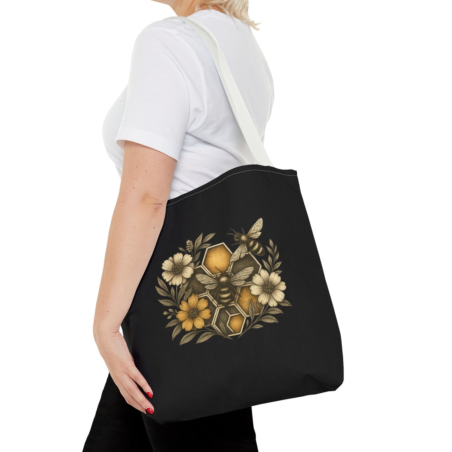 Bee & Honeycomb Tote Bag, Botanical Wildflower Hive Design, Autumn Bee Lover Gift, Bee-Inspired Floral Tote Bag,  Geometrical Shaped design