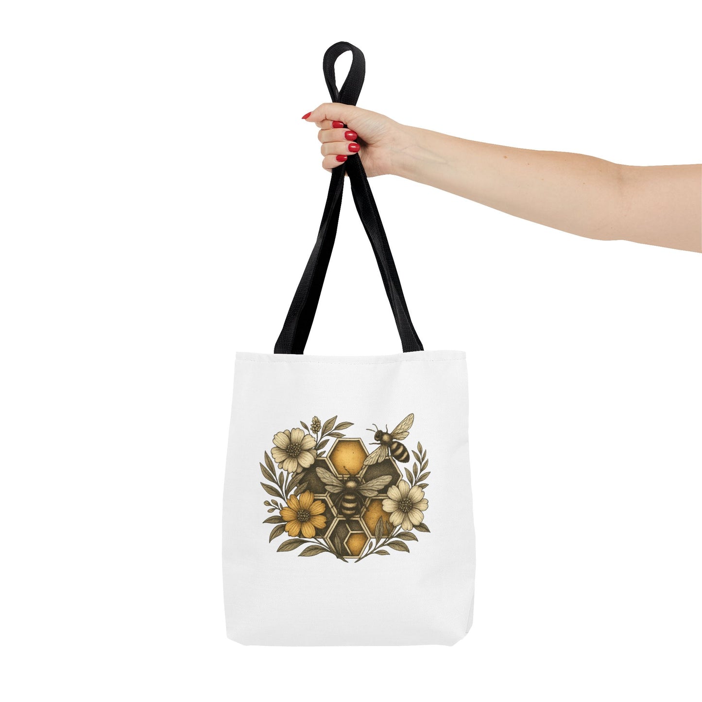Bee & Honeycomb Tote Bag, Botanical Wildflower Hive Design, Autumn Bee Lover Gift, Bee-Inspired Floral Tote Bag,  Geometrical Shaped design