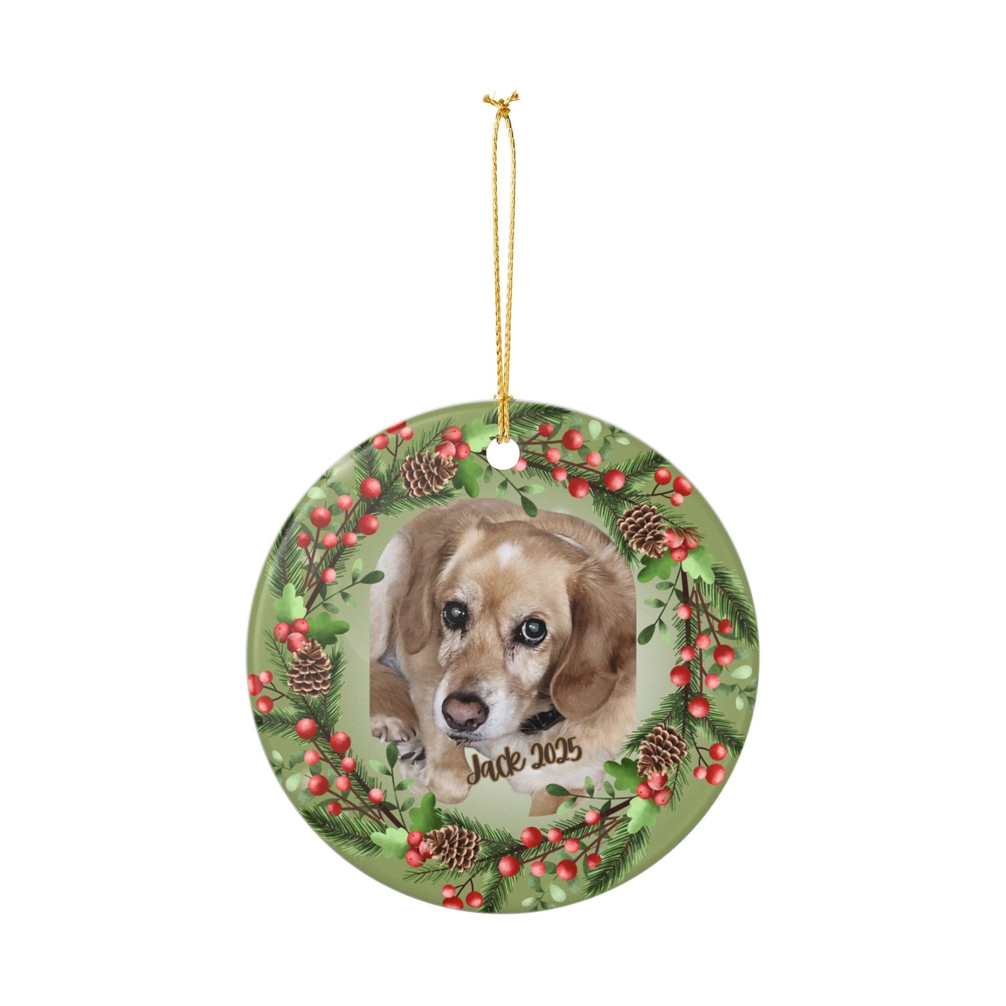 Custom Pet Photo Ornament Ceramic Pinecone Holly Holiday Decoration