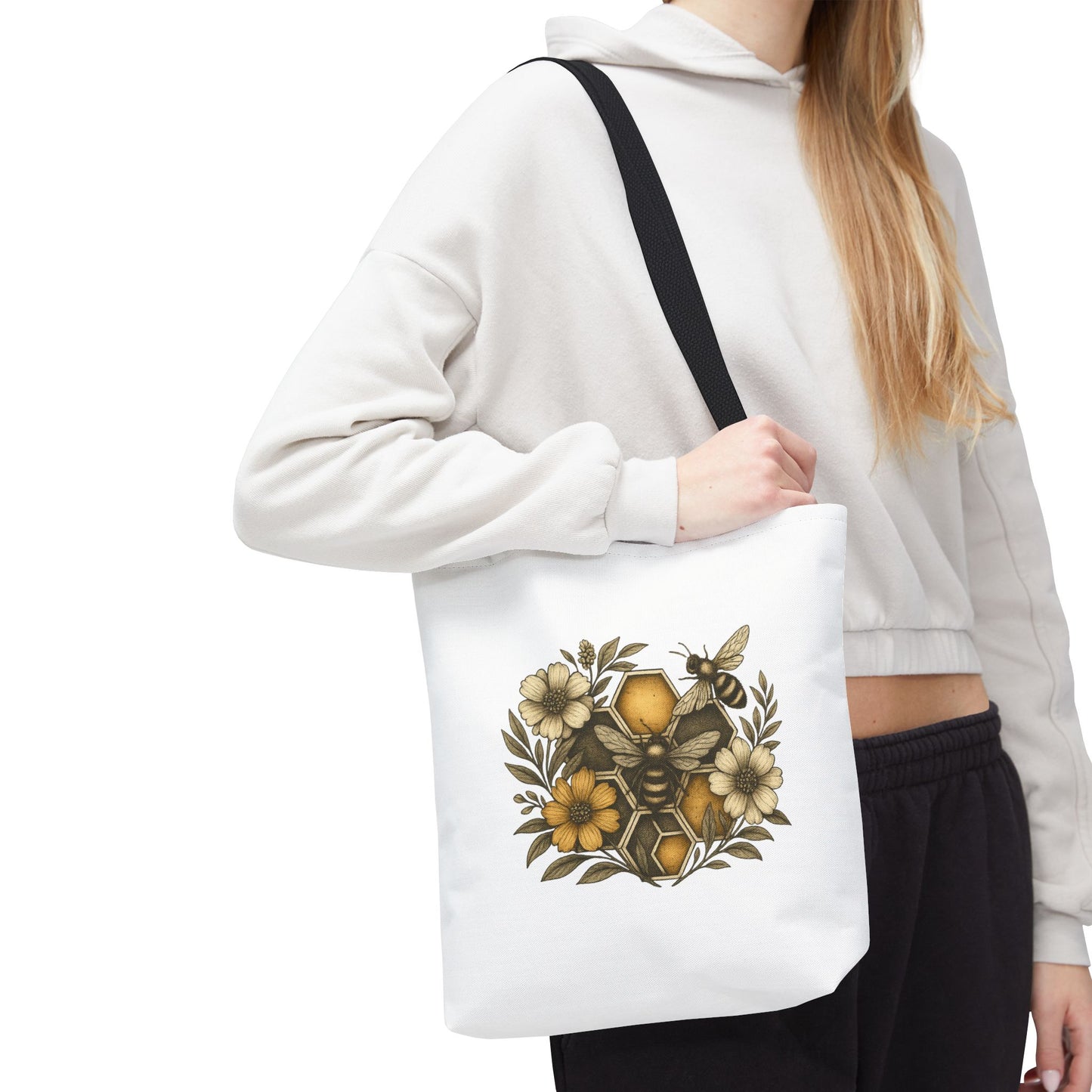 Bee & Honeycomb Tote Bag, Botanical Wildflower Hive Design, Autumn Bee Lover Gift, Bee-Inspired Floral Tote Bag,  Geometrical Shaped design