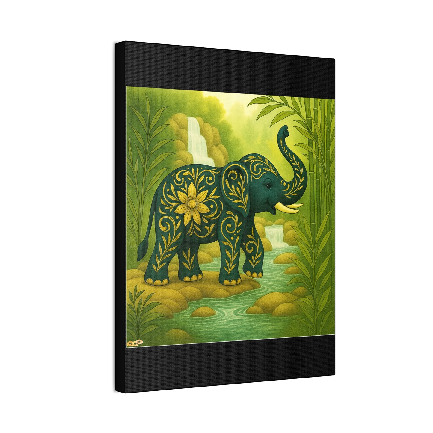 Prosperity Elephant Waterfall Art Print,  Feng Shui Elephant Wall Art, Lucky Bamboo, Abundance Décor, Serene Jungle Painting
