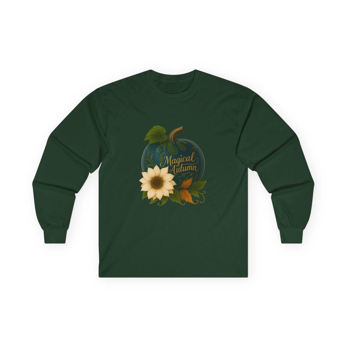 Autumn Teal Pumpkin Floral Long Sleeve T-Shirt: Cozy Fall Tee