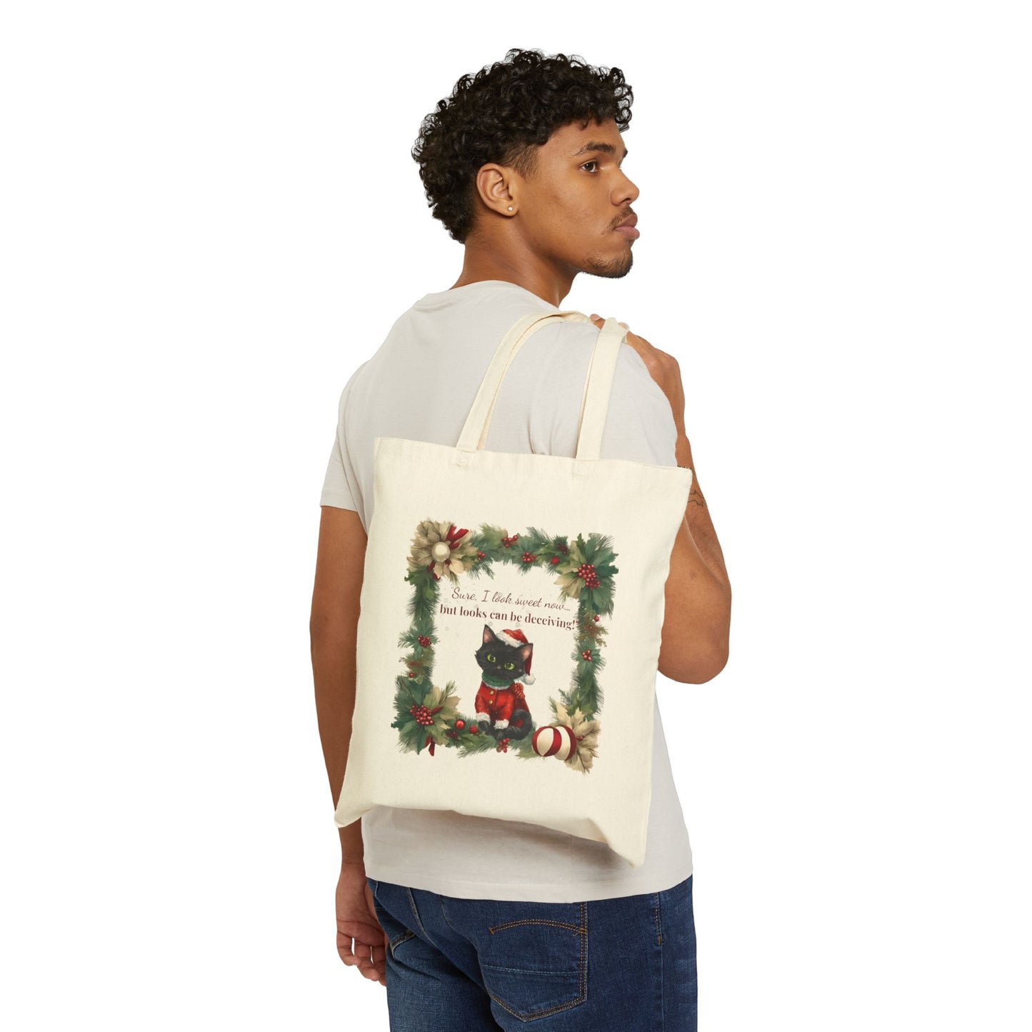 Cotton Canvas Tote Bag - Jared the Cat Holiday Mischief Tote, Naughty or Nice & Cozy Carry-All, Funny Christmas Gift, Eco-Friendly Shopping