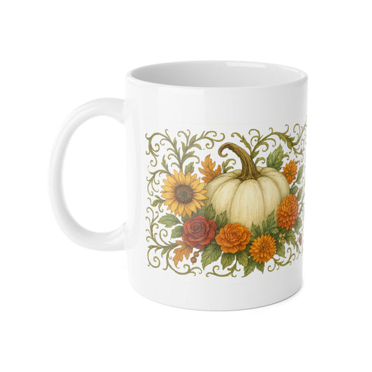 Pumpkin Floral Mug: Autumn Ceramic Coffee Cup, Fall Decor