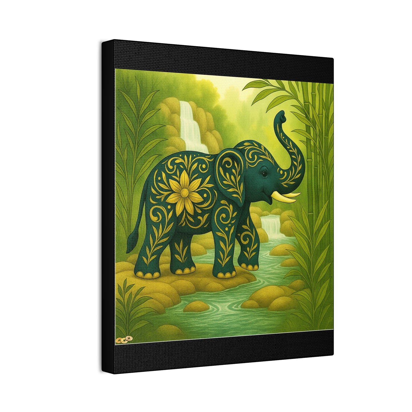 Prosperity Elephant Waterfall Art Print,  Feng Shui Elephant Wall Art, Lucky Bamboo, Abundance Décor, Serene Jungle Painting