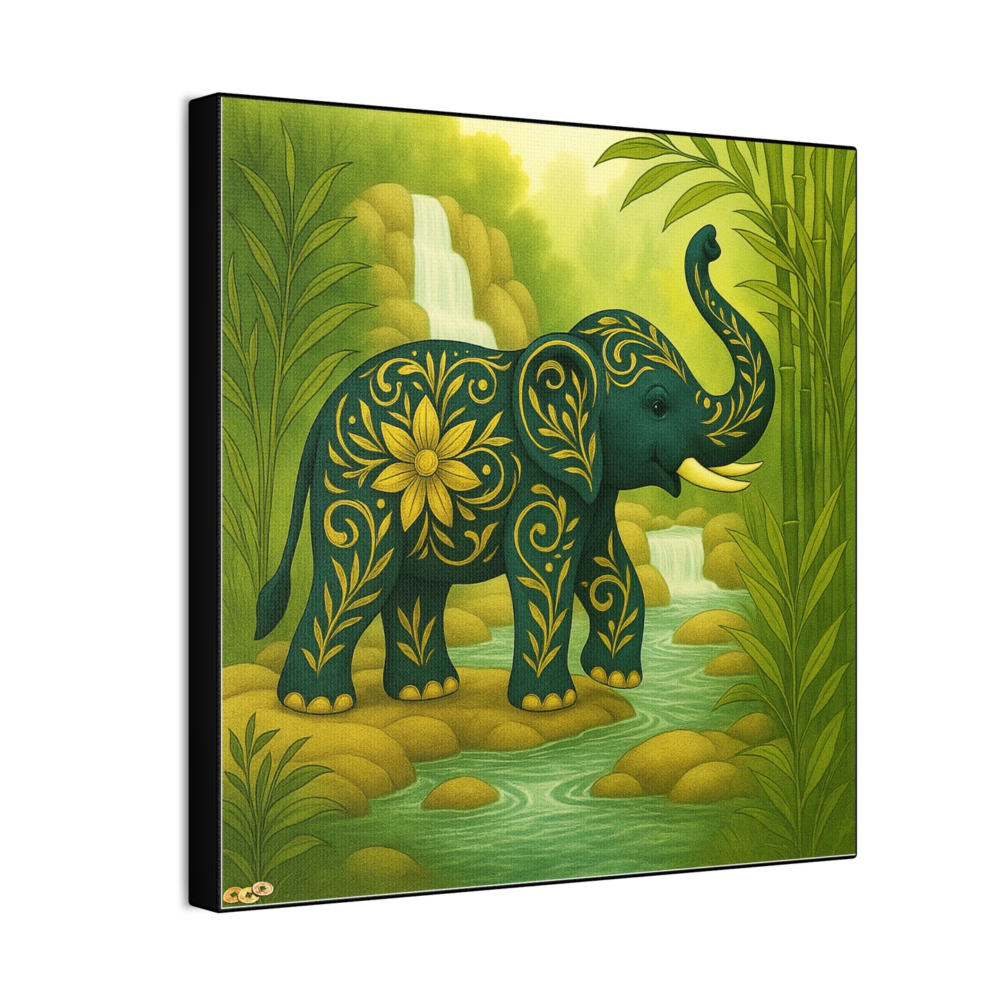 Prosperity Elephant Waterfall Art Print,  Feng Shui Elephant Wall Art, Lucky Bamboo, Abundance Décor, Serene Jungle Painting