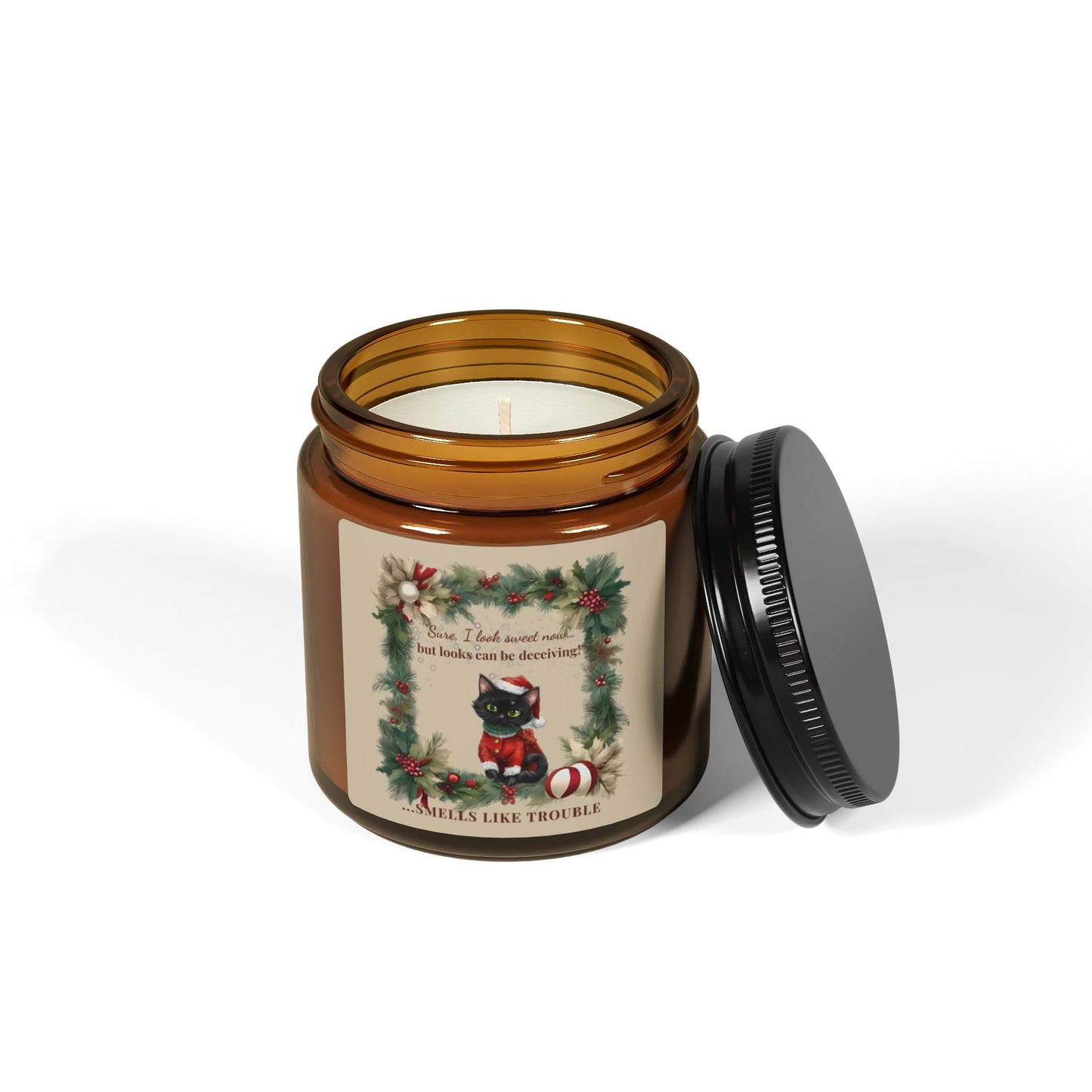Smells Like Trouble  Christmas Candle,  Funny Black Cat Holiday Gift, Cozy Amber Jar Candle, BootsandBloomCo Holiday Collection