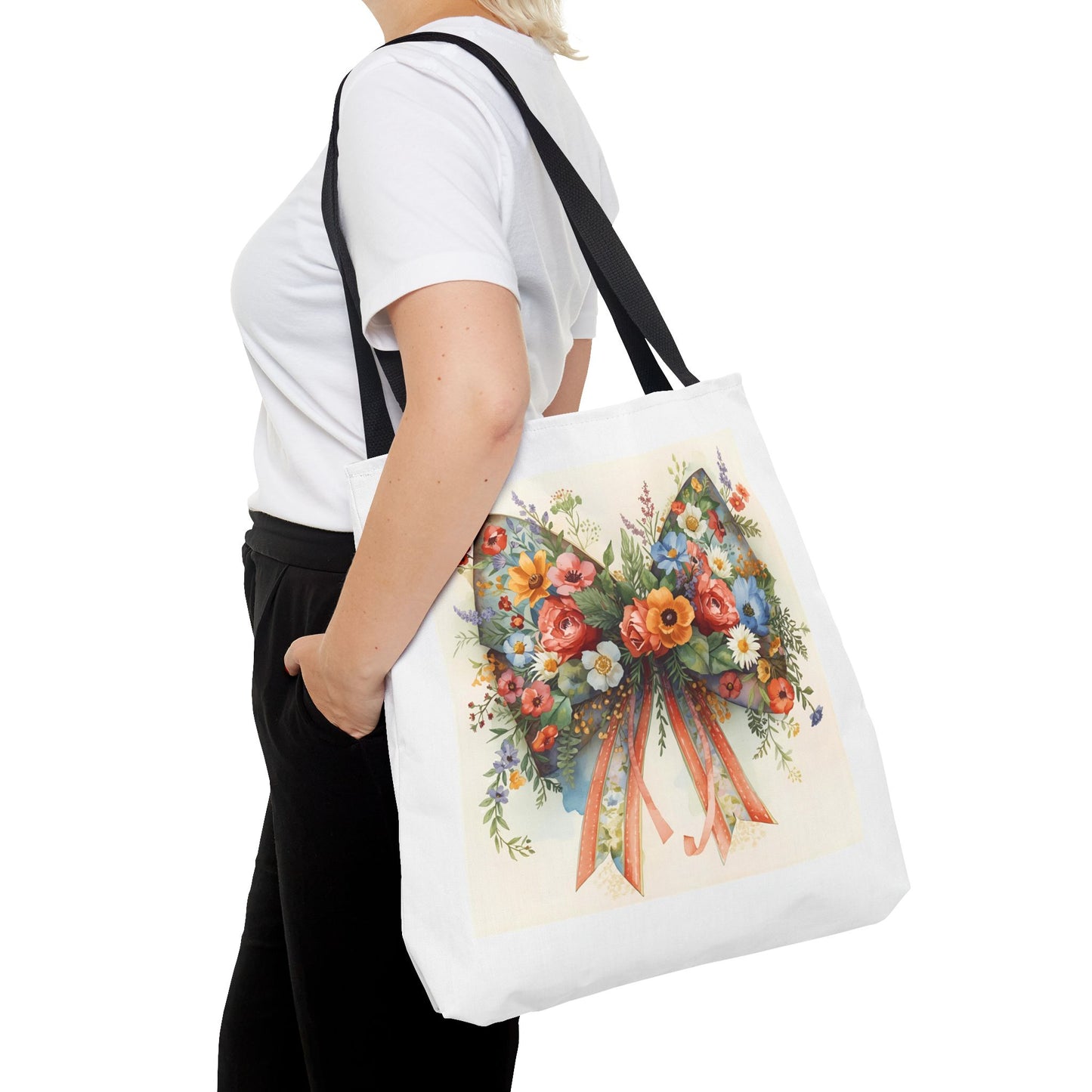 Floral Bow Tote Bag, Chic Everyday Shopper, Gift for Her, Stylish Floral Tote Reusable Shopping Bag, Cute Gift for Her - Reusable Tote Bag,