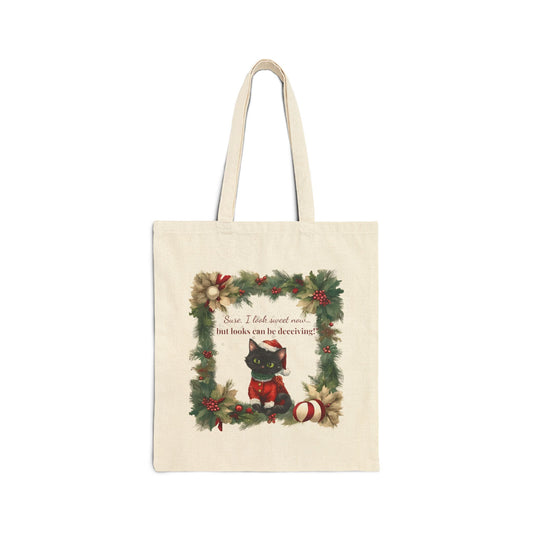Cotton Canvas Tote Bag - Jared the Cat Holiday Mischief Tote, Naughty or Nice & Cozy Carry-All, Funny Christmas Gift, Eco-Friendly Shopping