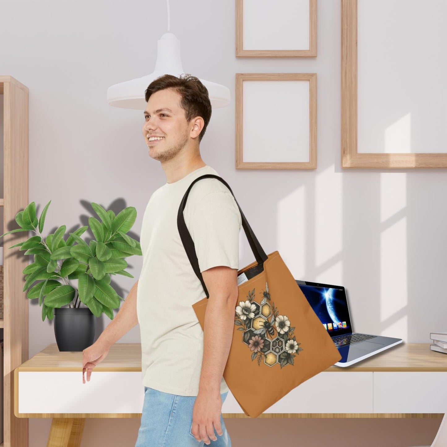 Stylish Bee & Honeycomb Tote Bag - Floral Geometry Design, Durable Eco Alternative, Reusable Shopper, Cute Bee Market Bag, Gift for Nature