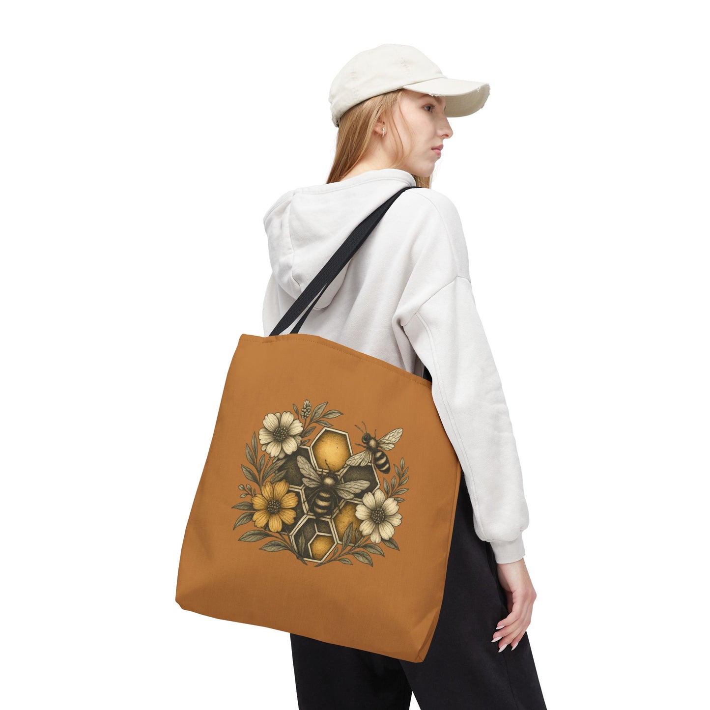 Bee & Honeycomb Tote Bag, Botanical Wildflower Hive Design, Autumn Bee Lover Gift, Bee-Inspired Floral Tote Bag,  Geometrical Shaped design