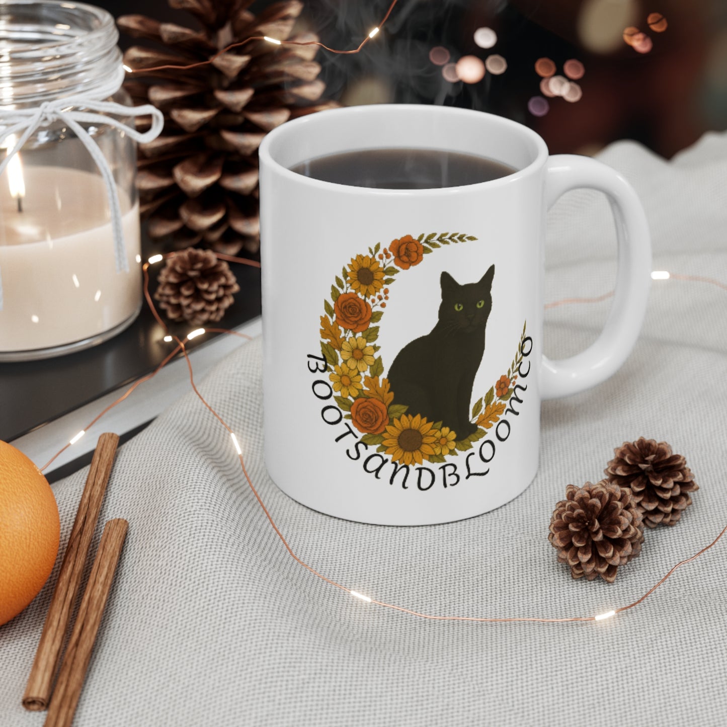 Jared the Cat Mug 11oz black cat lovers gift floral moon Cup for holidays and any occasion