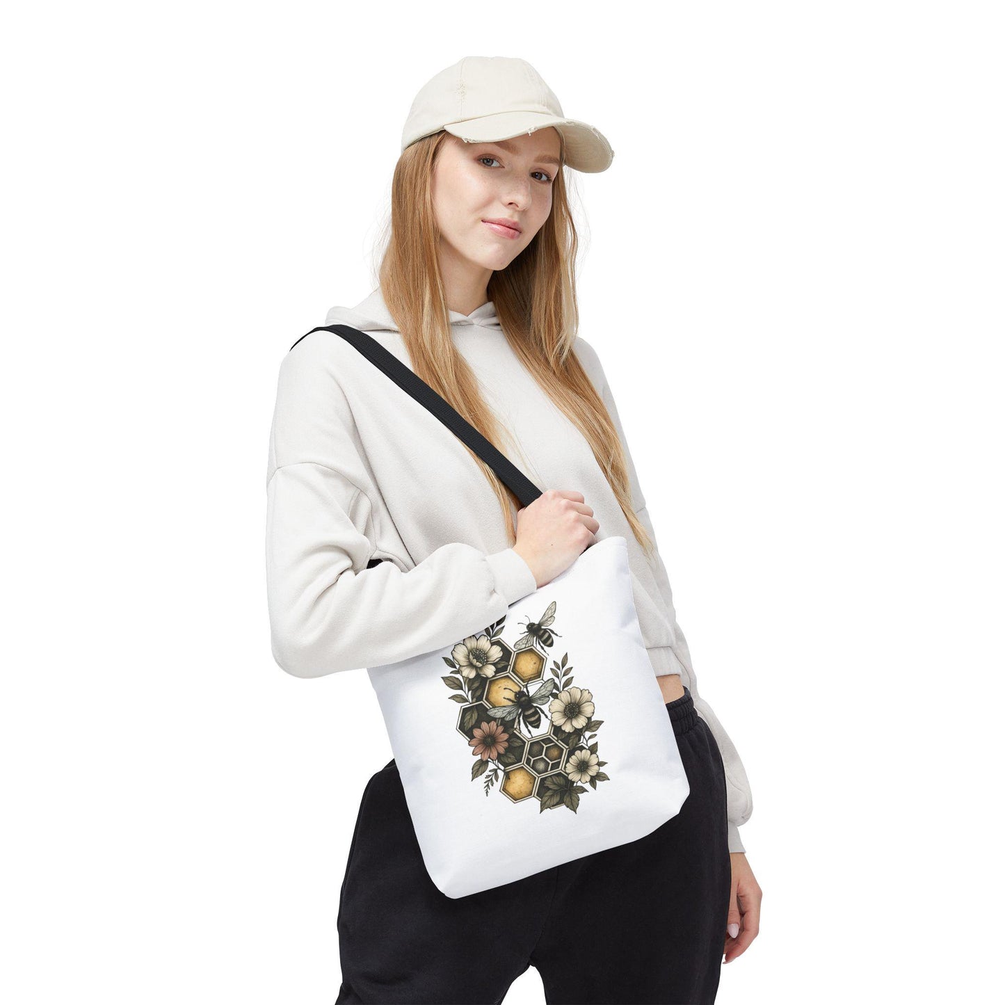 Stylish Bee & Honeycomb Tote Bag - Floral Geometry Design, Durable Eco Alternative, Reusable Shopper, Cute Bee Market Bag, Gift for Nature