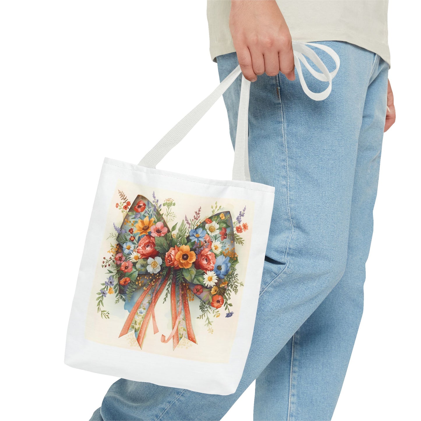 Floral Bow Tote Bag, Chic Everyday Shopper, Gift for Her, Stylish Floral Tote Reusable Shopping Bag, Cute Gift for Her - Reusable Tote Bag,