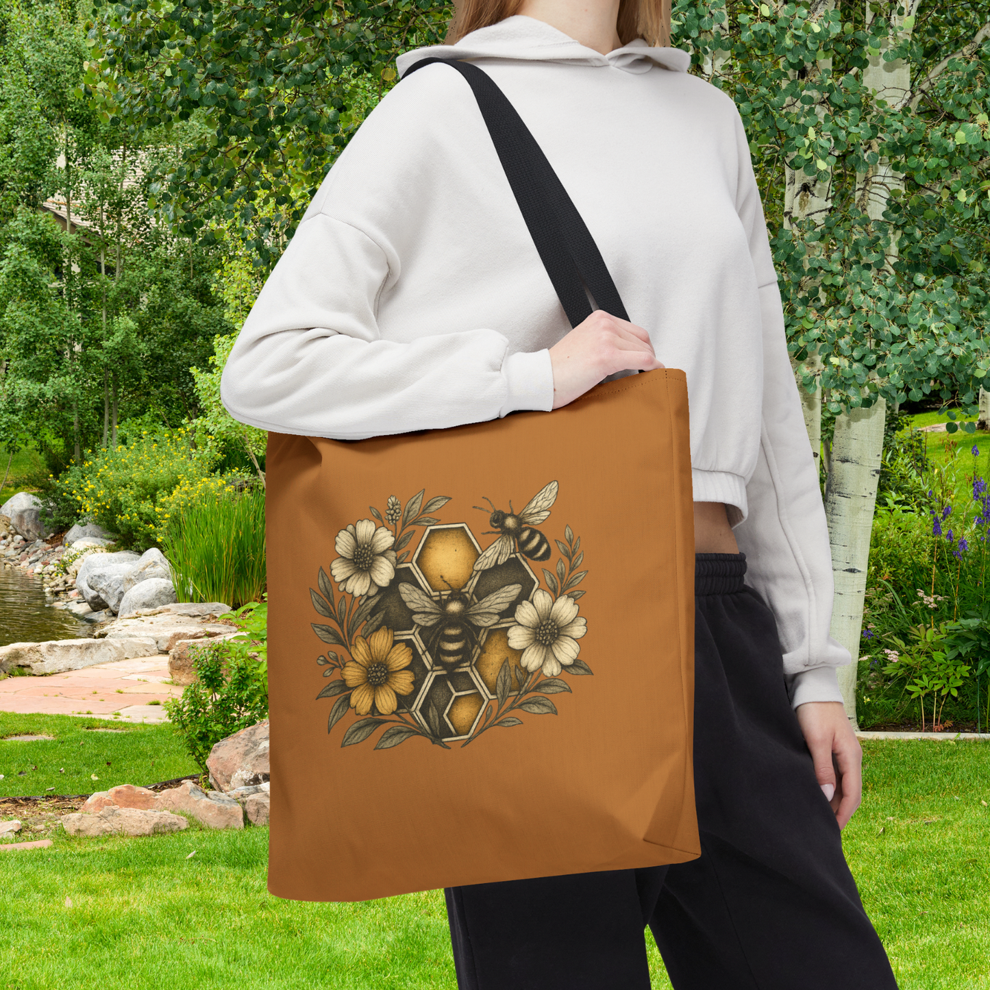 Bee & Honeycomb Tote Bag, Botanical Wildflower Hive Design, Autumn Bee Lover Gift, Bee-Inspired Floral Tote Bag,  Geometrical Shaped design