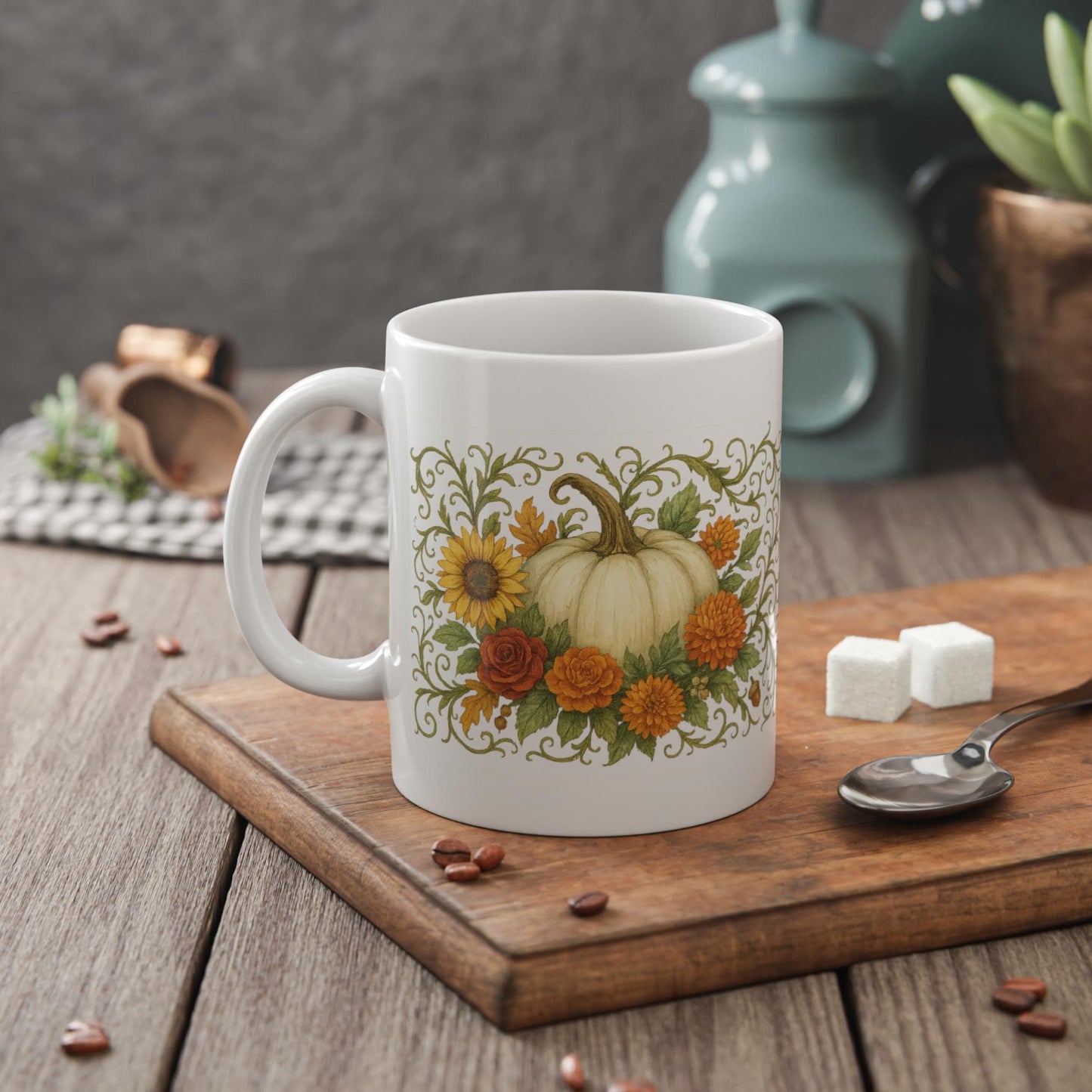 Pumpkin Floral Mug: Autumn Ceramic Coffee Cup, Fall Decor
