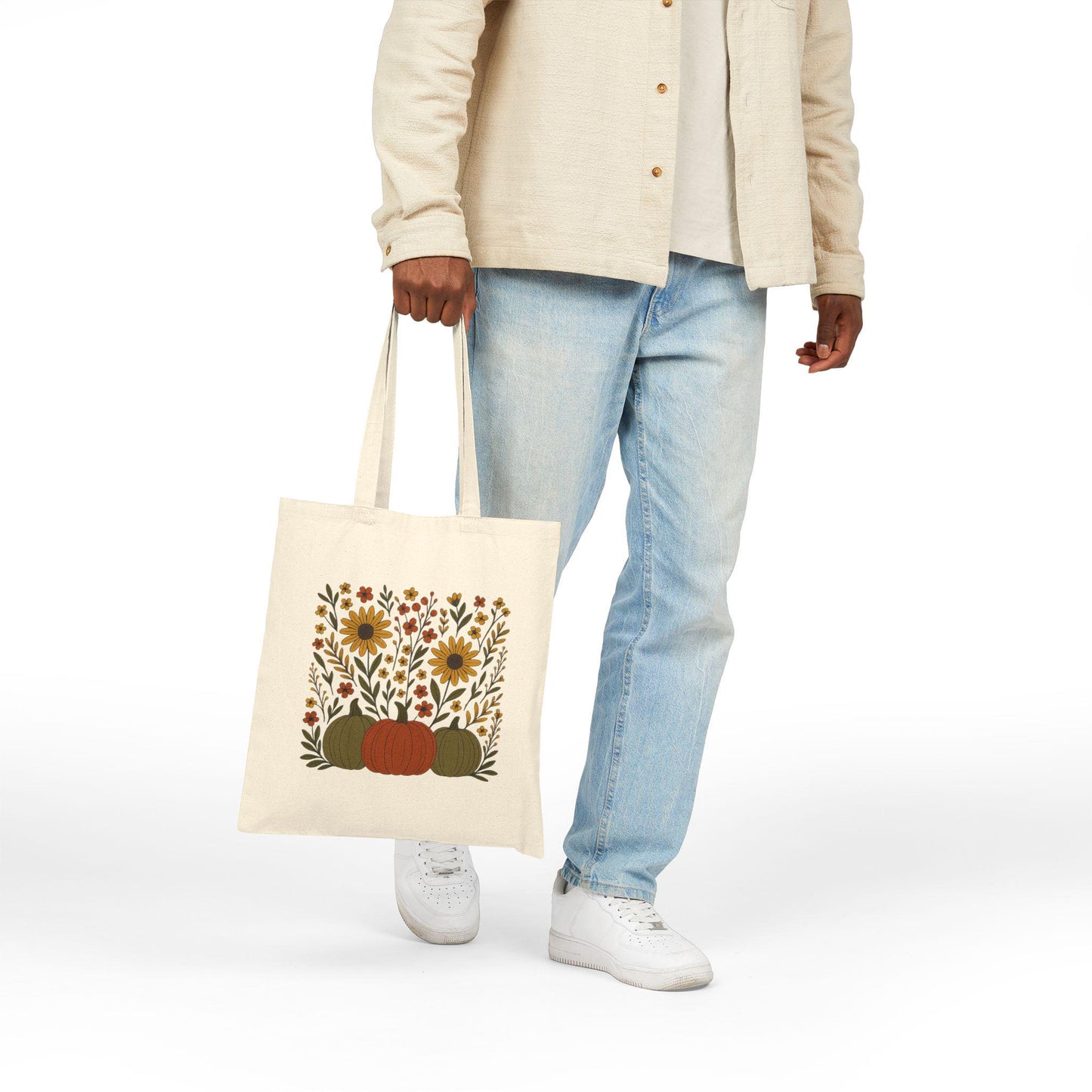 Autumn Botanical Tote Bag, High-Resolution Fall Leaves, Pumpkin & Scroll Design, Cozy Harvest Floral Canvas Gift